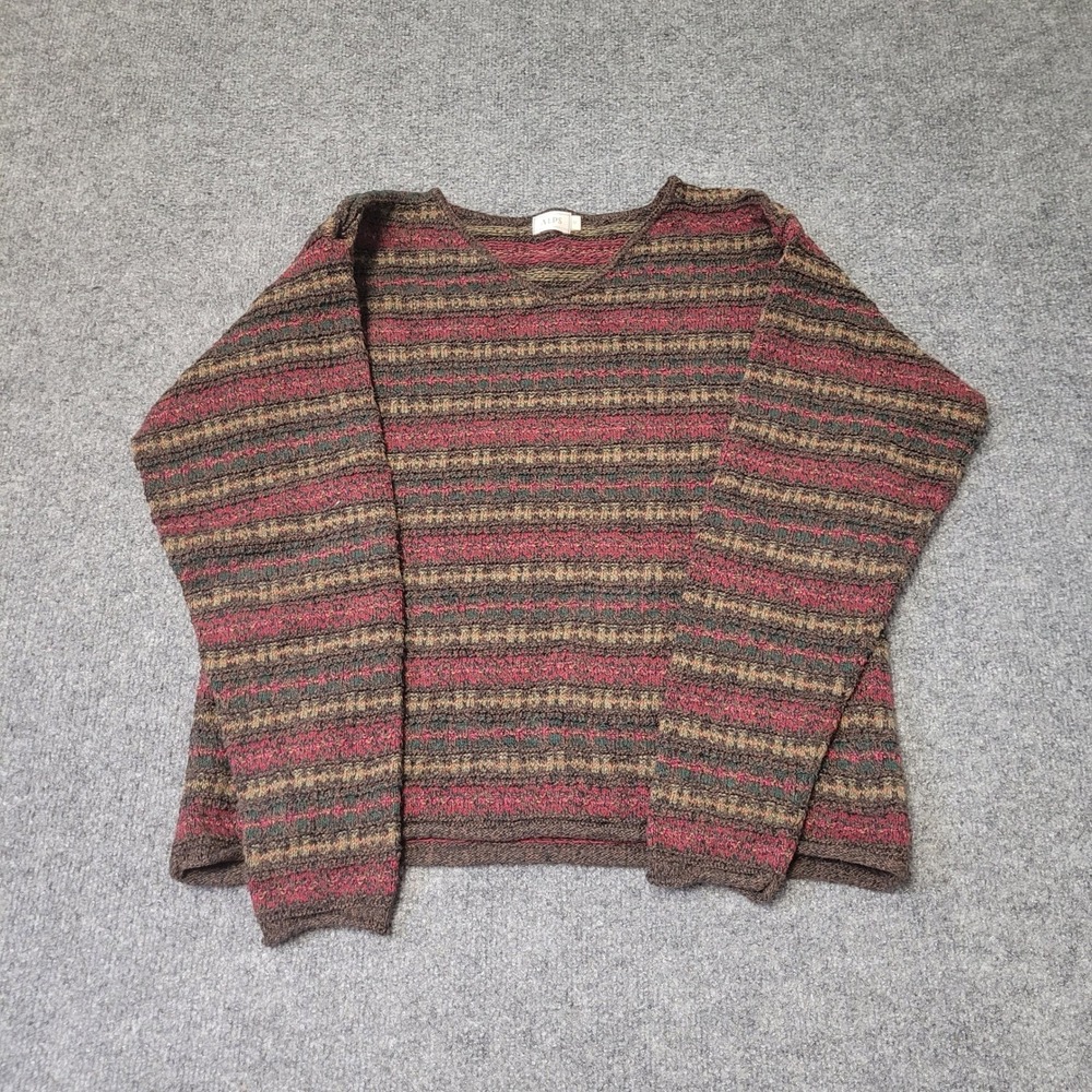 Alps Sweater Womens Size M Brown Multicolor Striped Knit V-Neck USA Made Casual